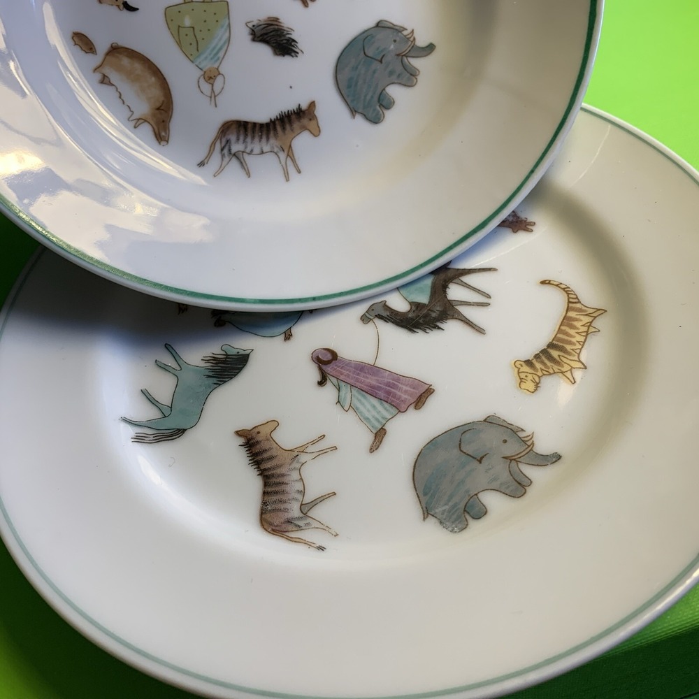VINTAGE Arabia Finland Zoo Parade Of Animals Childs Bowl & Plate Set MCM 1960s